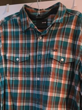 Hurley Teal, Orange and White Plaid Button-Down Shirt